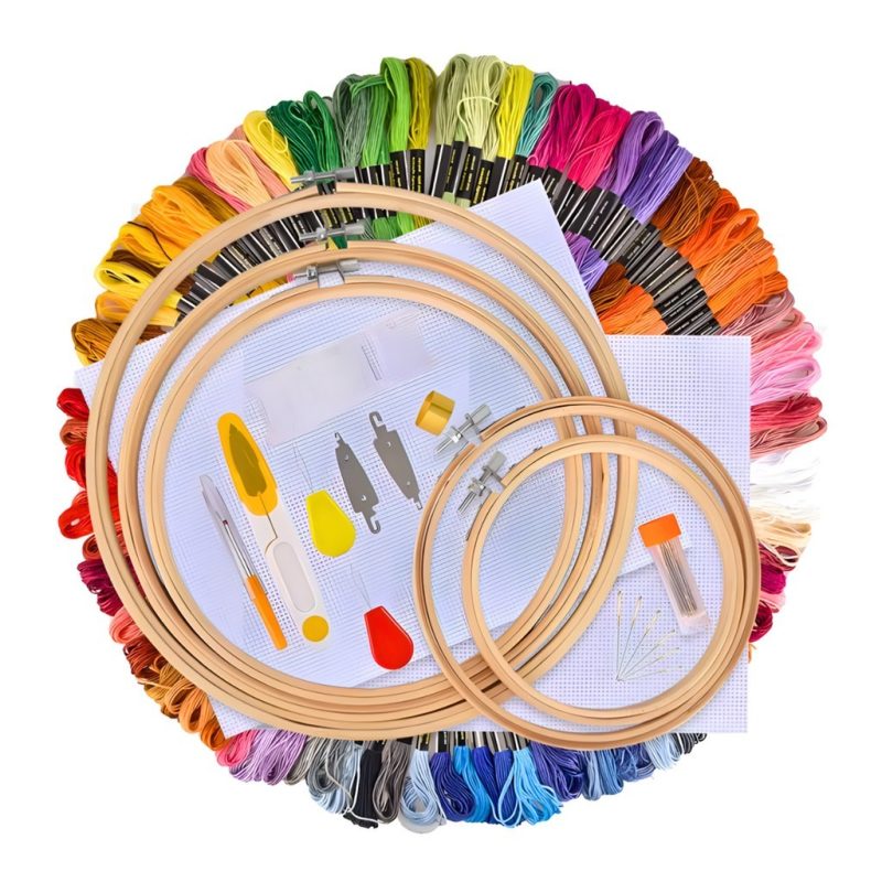 Kit Completo para Bordado Ponto Cruz + Bastidor + Etamine + Linha Meada + Bolsa