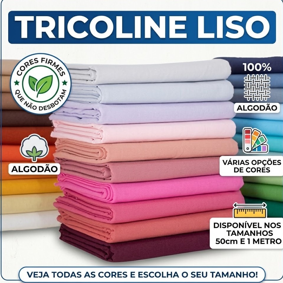 Tecido Tricoline Liso Premium 100% Algodão por Metro - Artesanato Patchwork Costura Criativa